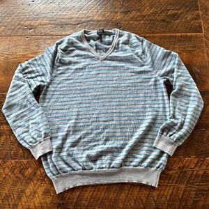 J. Crew Sweater Mens Large Knit Merino Wool Gray Blue Striped Slim V-neck